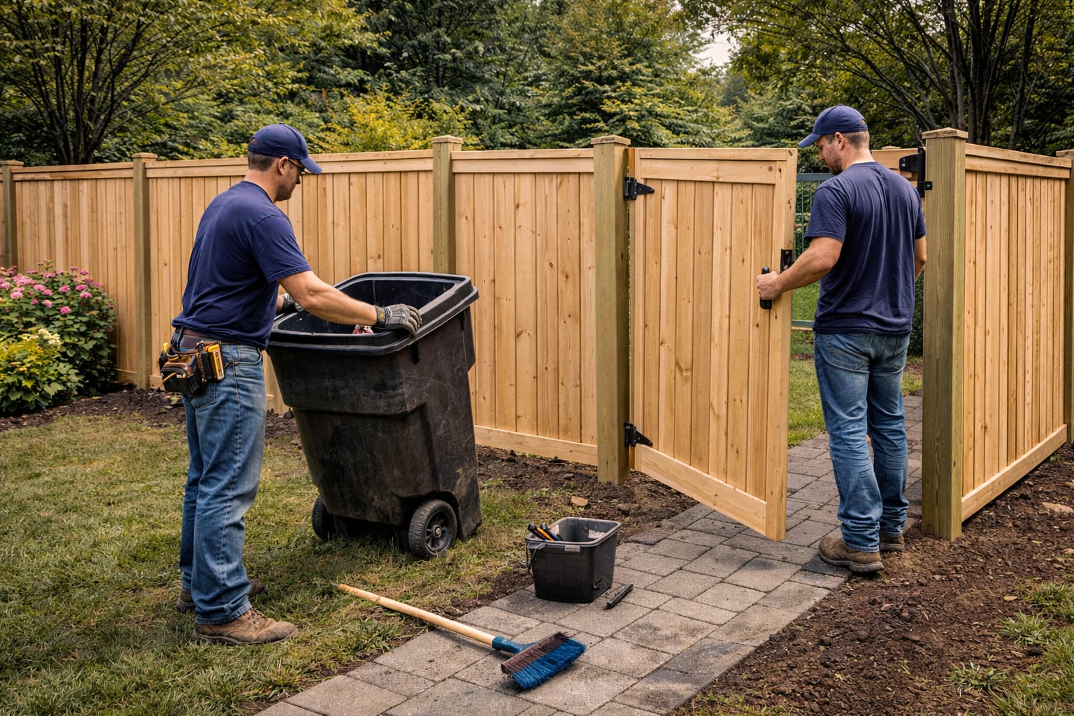 Fence installers aligning a wood privacy fence gate during a backyard fence installation in the GTA